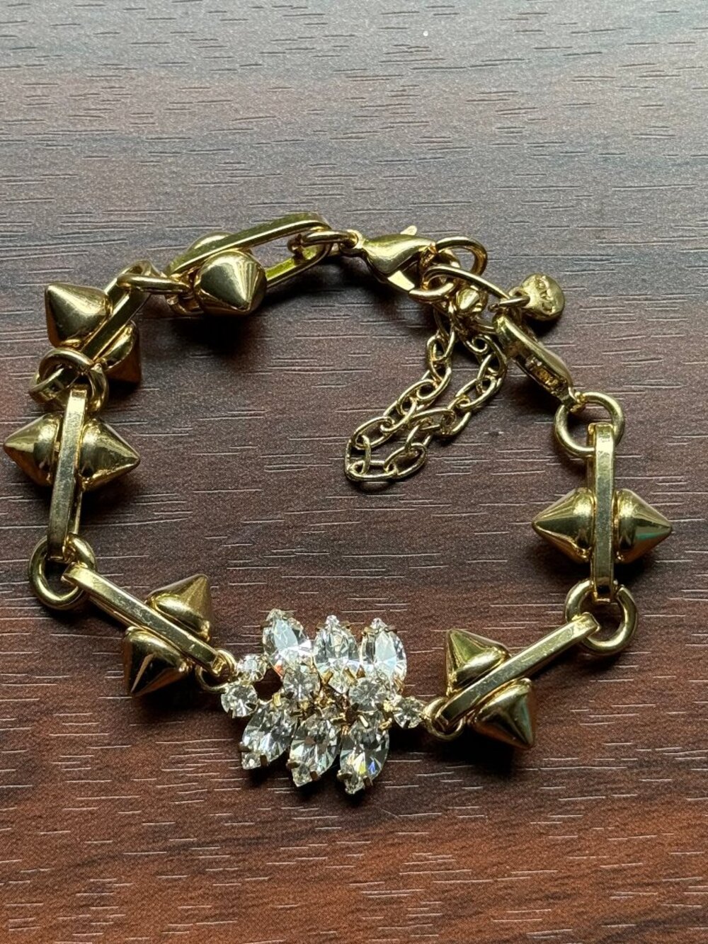 Y2K CAbi Studded Link Bracelet with Rhinestones in Gold Tone Metal - Picture 2 of 2